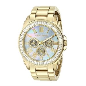 Pre-owned Vince Camuto Swarovski Crystal-Accented Multi Function Gold-Tone Watch